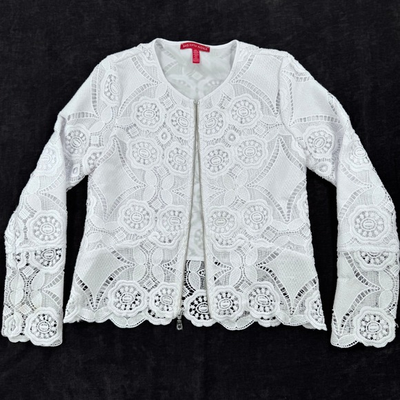 Saks Fifth Avenue Jackets & Blazers - Saks Fifth Avenue Small White Lace Zip Jacket Floral Crochet Sheer Long Sleeve